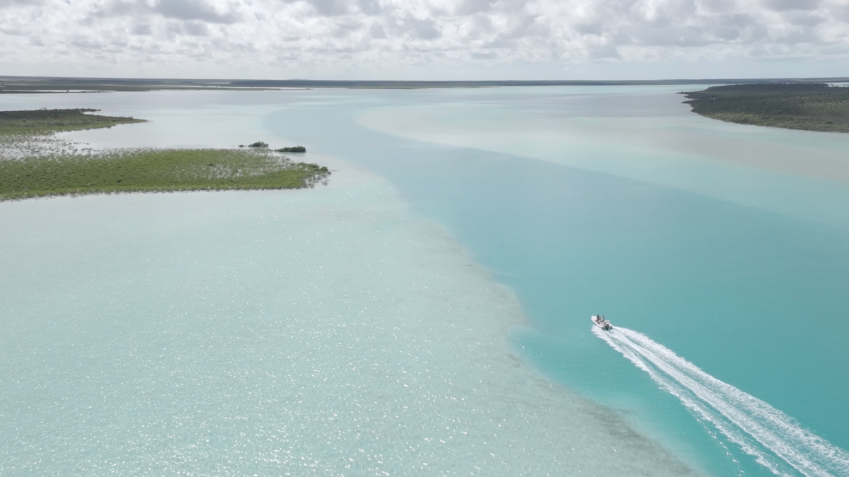 A small motorboat glides across clear turquoise water near a lush green island under a partly cloudy sky, leaving a white wake behind it at Caerula Mar Club, a luxury boutique resort on South Andros Island in The Bahamas.